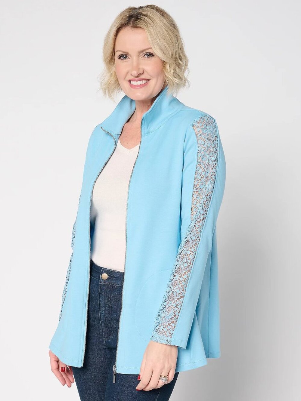 Susan Graver Weekend Regular Stretch Marina Knit Zip-Front Jacket w/ Lace 1X